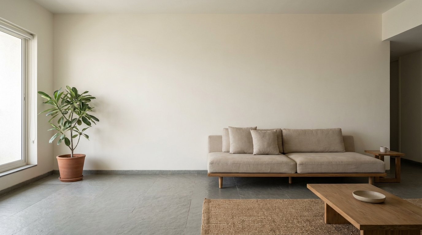 Plain wall behind the sofa in an Indian living room before wainscoting.