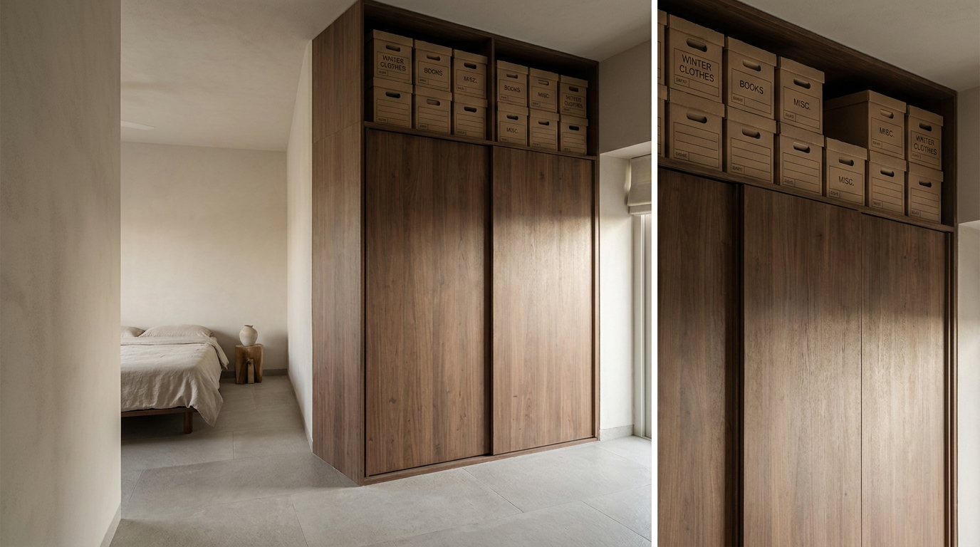 Labeled loft storage boxes above a wardrobe, angled editorial shot.
