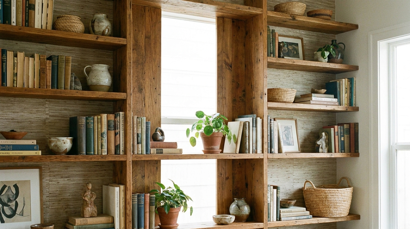 Open wall shelving with subtle textured wallpaper visible behind books and decor items on each shelf.