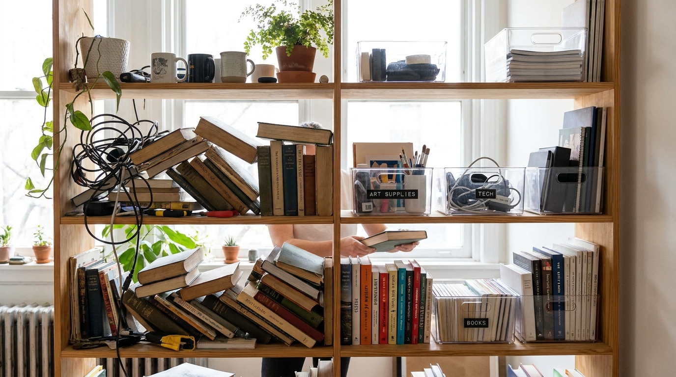 Cluttered shelf mid-reorganisation, one half messy and the other half neatly categorised.