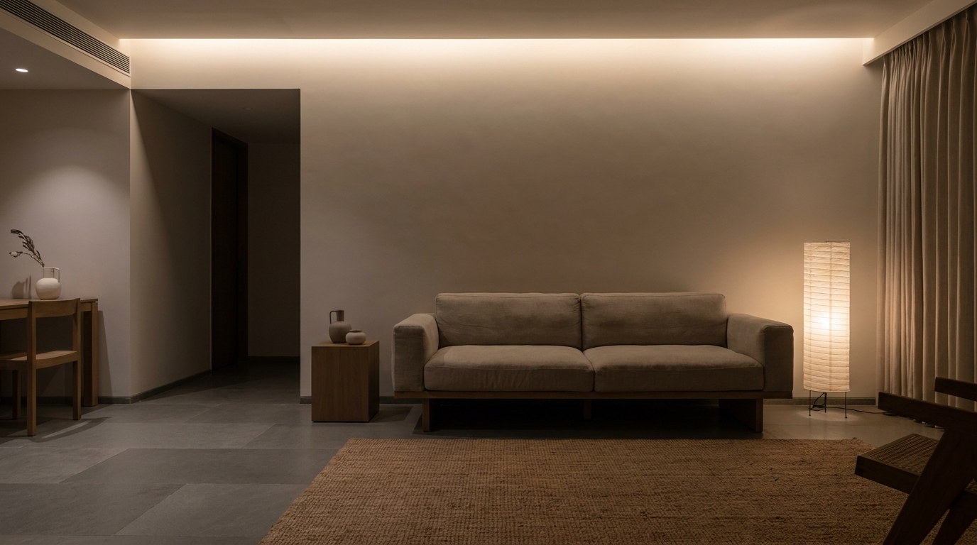 Living room with softly dimmed lighting creating a relaxed evening atmosphere.