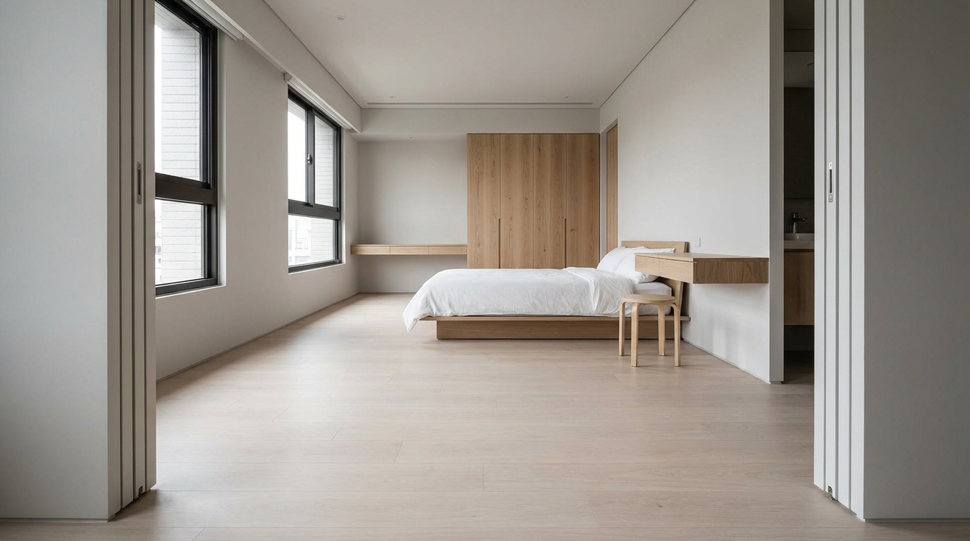 Small bedroom doorway with a clear, unobstructed entry zone and furniture positioned away from the entrance