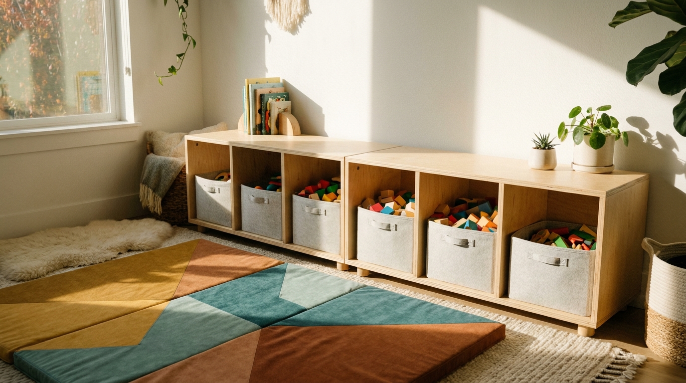 A low-profile horizontal wooden toy storage organizer sitting on a vibrant geometric play mat, with open square cubbies holding soft grey fabric storage bins filled with building blocks.