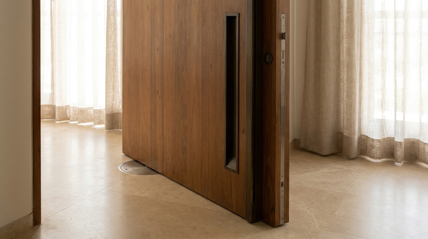 Solid teak pivot door in an Indian apartment entryway shown ajar, revealing the off-centre pivot hinge mechanism and recessed pull handle.