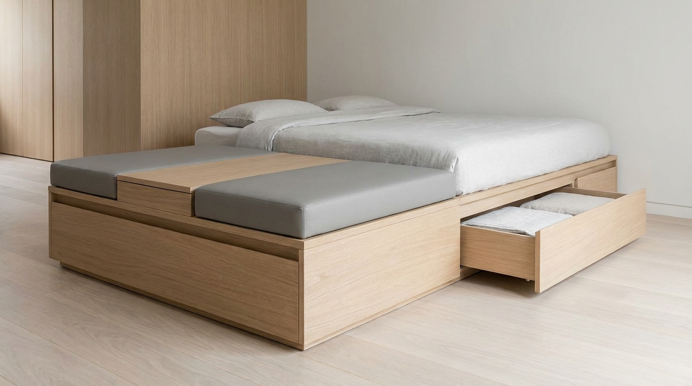 Storage ottoman doubling as a coffee table next to a bed with built-in drawer storage in a small living space