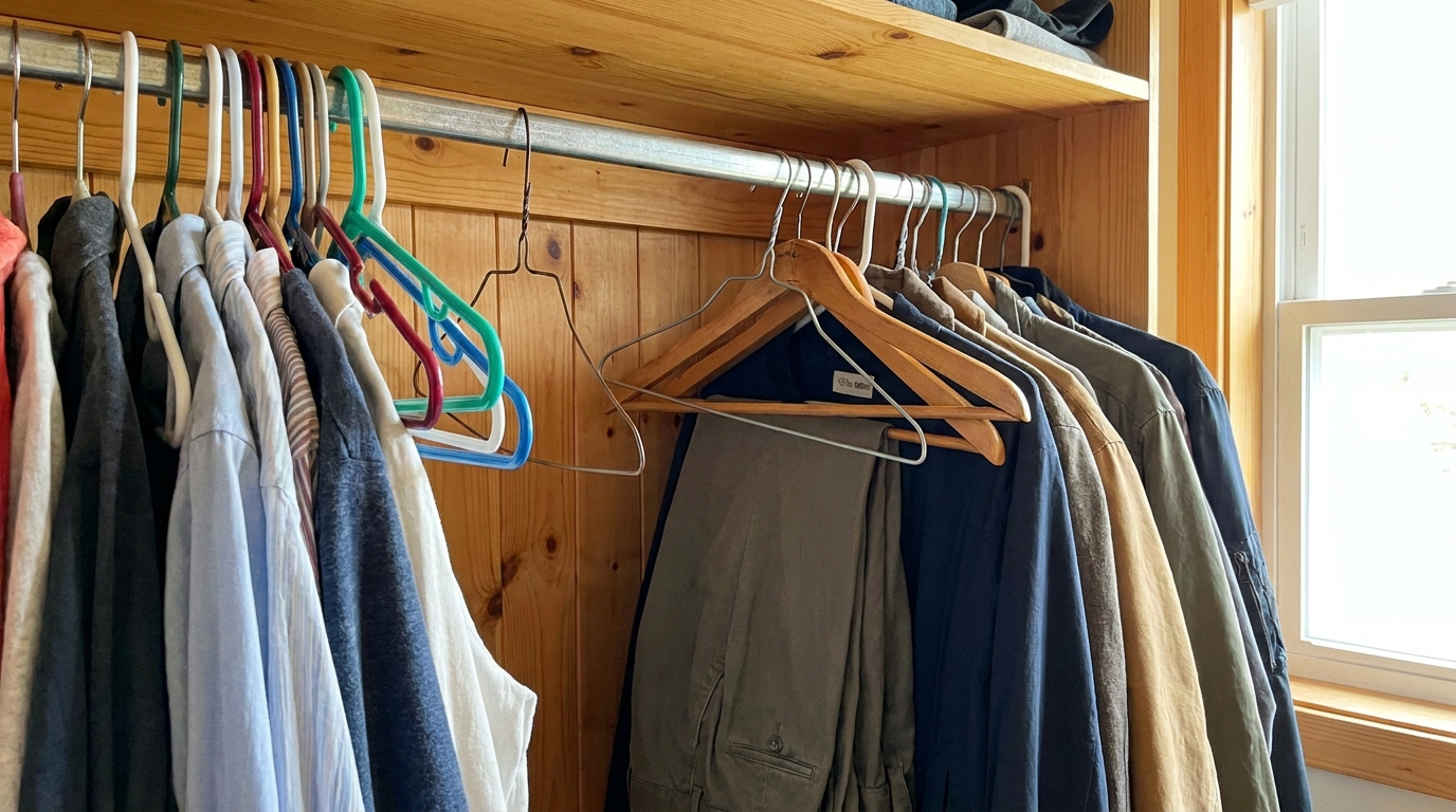Wardrobe hanging rod with mismatched hangers unevenly spaced, clothes bunched together.