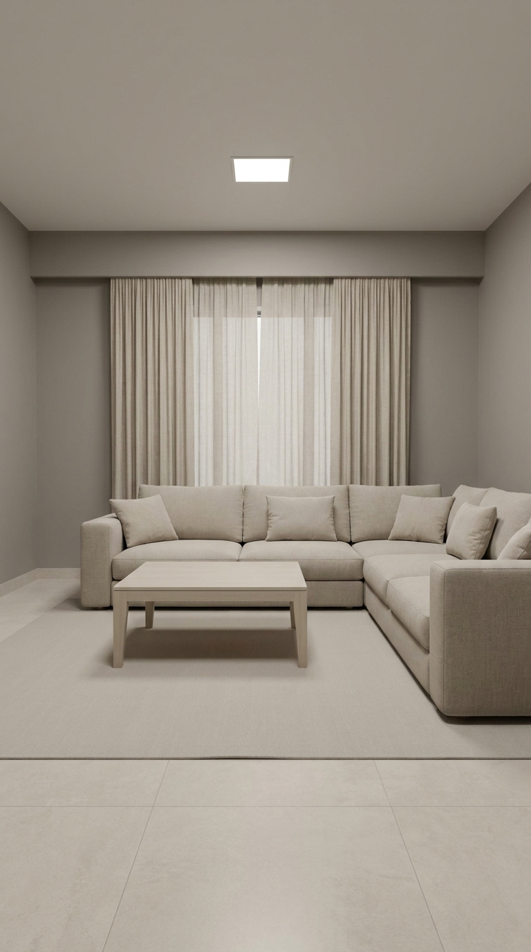 A beige sectional sofa, beige walls, beige rug, and a single overhead light.