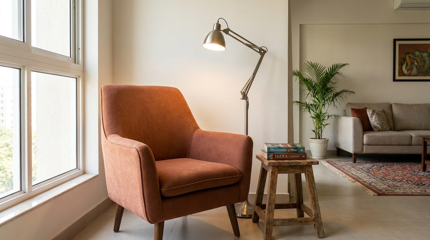 Accent armchair and floor lamp forming a reading corner within an Indian apartment living room.