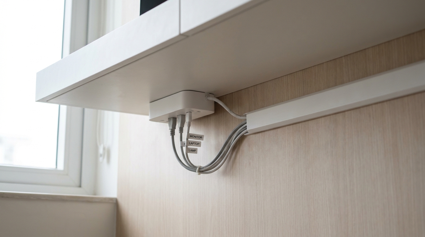 Underside of a home office desk showing a flush-mounted cable raceway on the wall, a power strip fixed under the desk surface, and individually labelled cables routed with zero loose wires