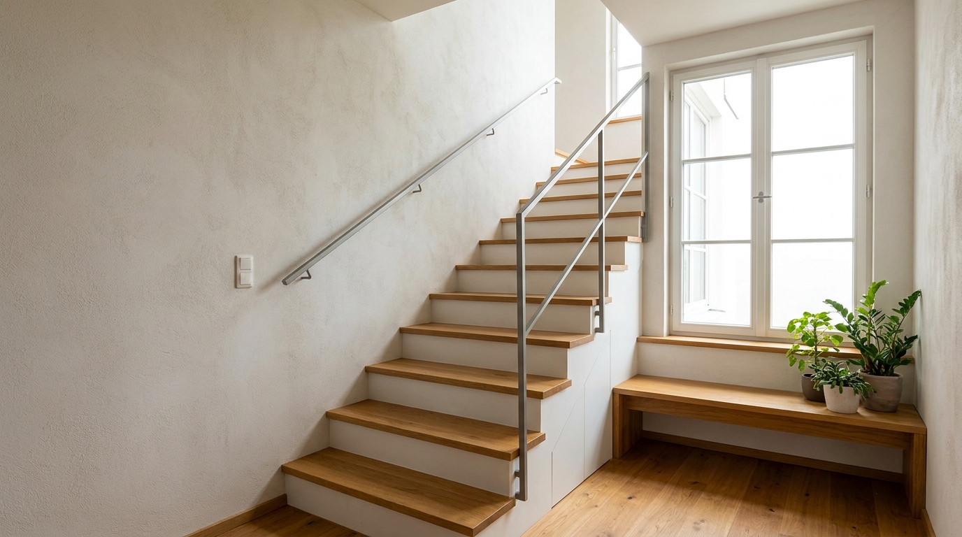 Staircase positioned along a perimeter wall beside a window, rather than in the centre of the home.