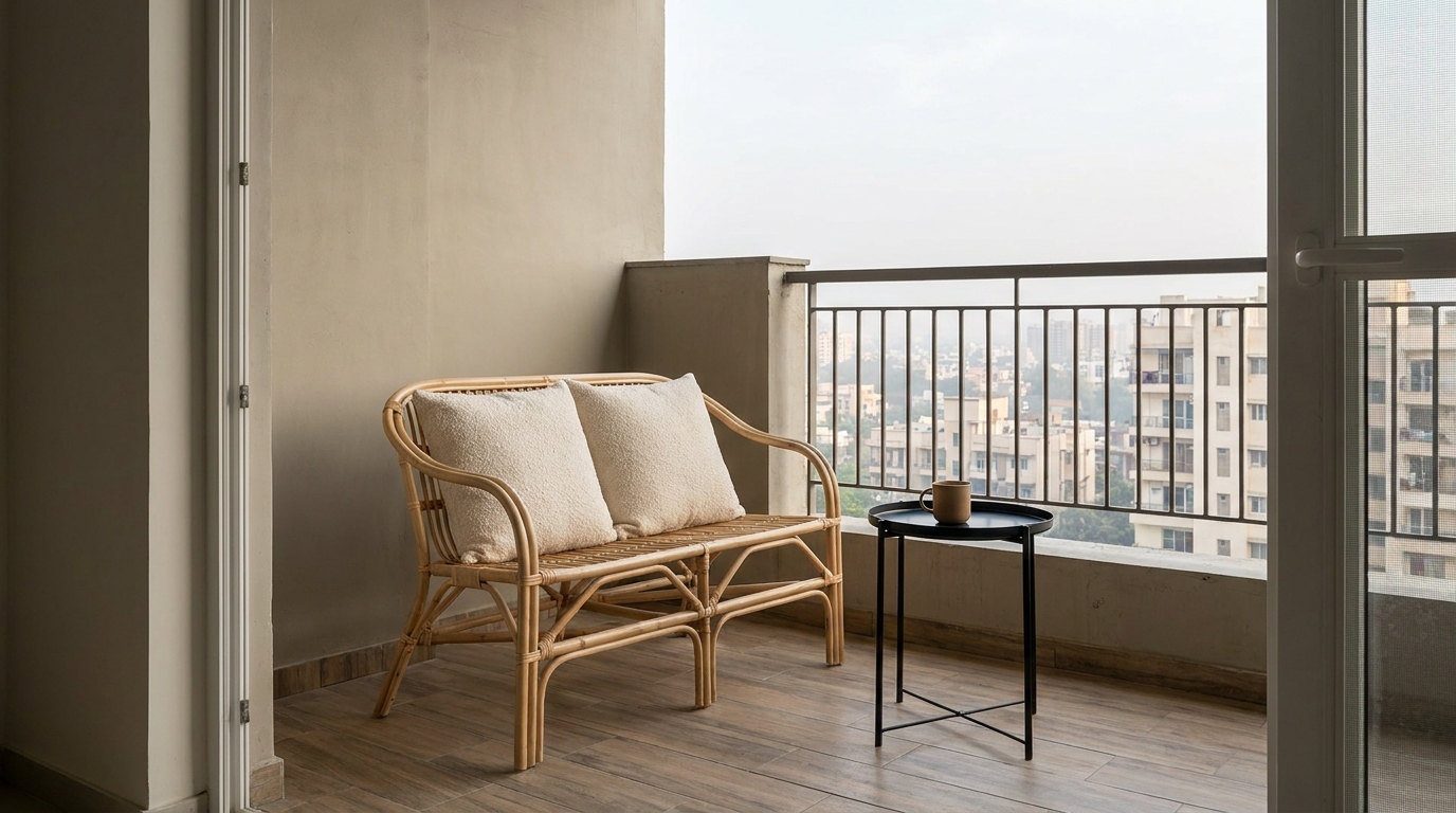 Rattan bench seating with cushions on a renovated Indian apartment balcony.