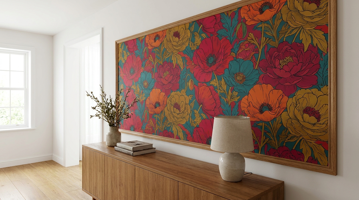 Framed rectangular panel of floral wallpaper mounted above a console table, styled like a piece of art.
