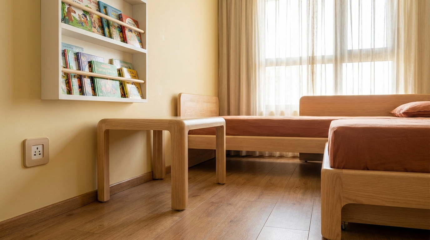 Kids' room furniture with rounded bullnose edges and a wall-anchored bookshelf for child safety.
