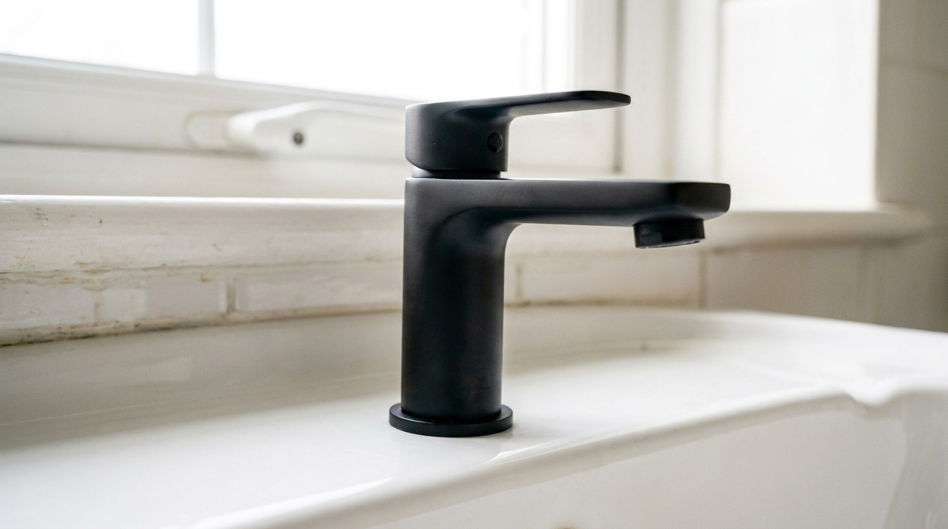 Bathroom counter fitted with a new matte black single-lever tap.