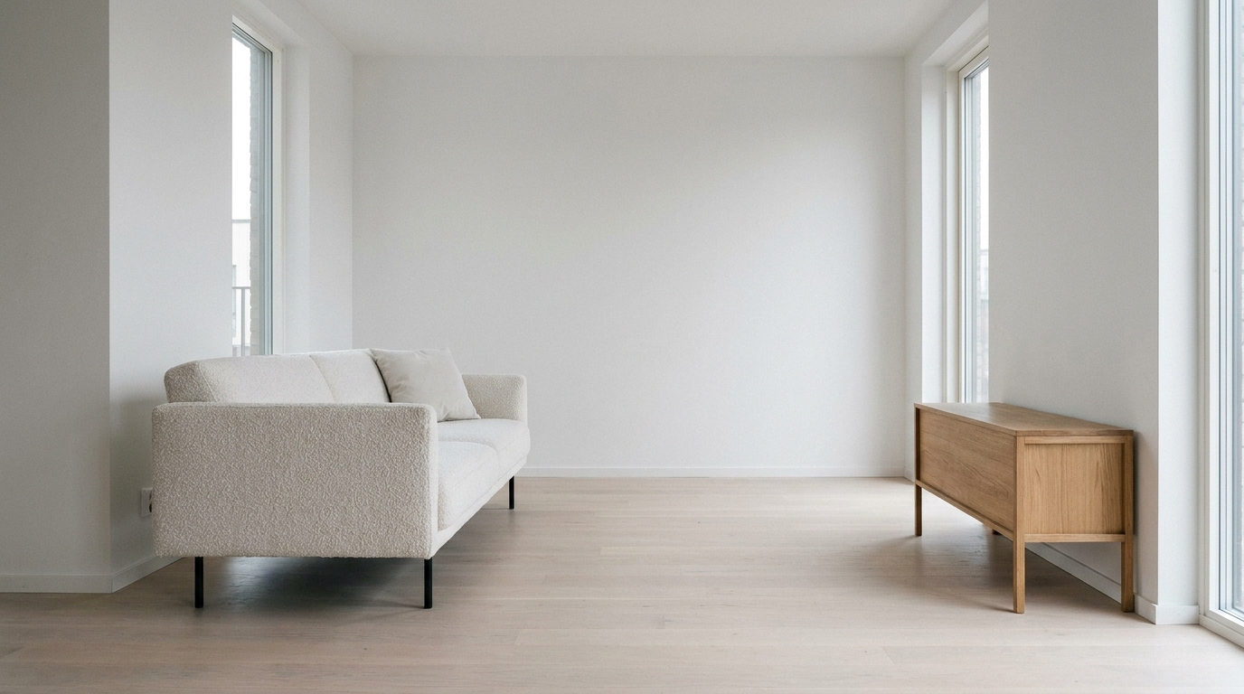 Light grey sofa and console table with thin exposed legs allowing floor space to remain visible underneath