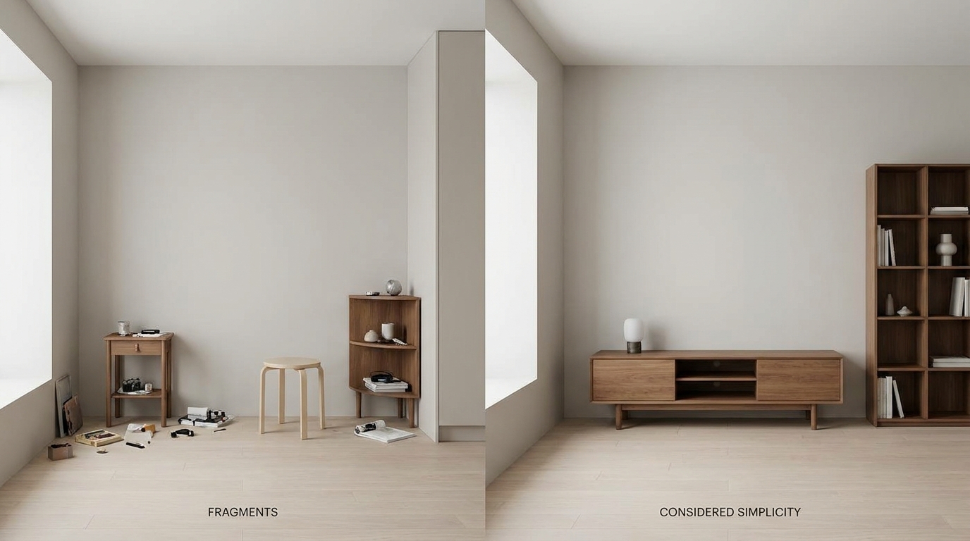 Comparison of scattered small furniture pieces versus one well-proportioned console and tall bookshelf in a small room