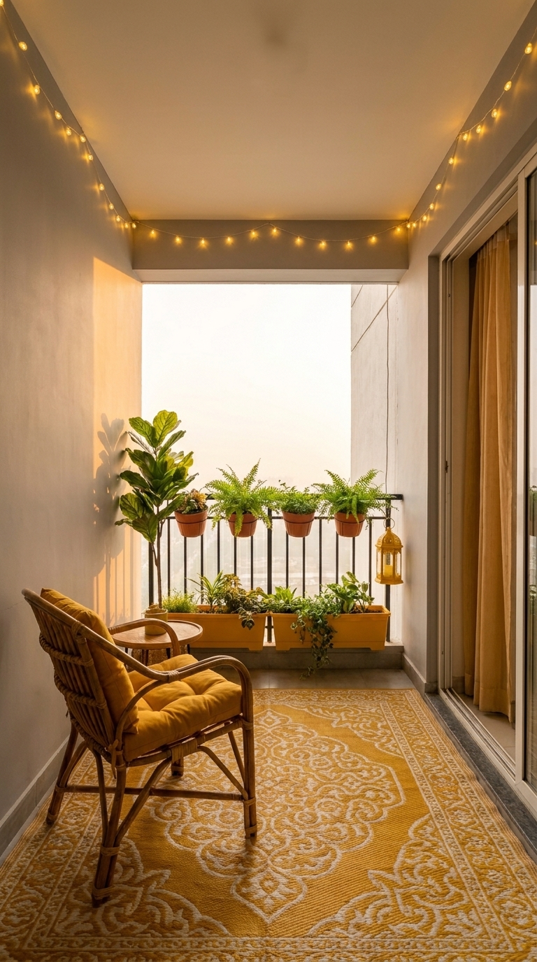 Mustard and cream patterned outdoor rug, rattan chair with a mustard cushion and Hanging terracotta planters