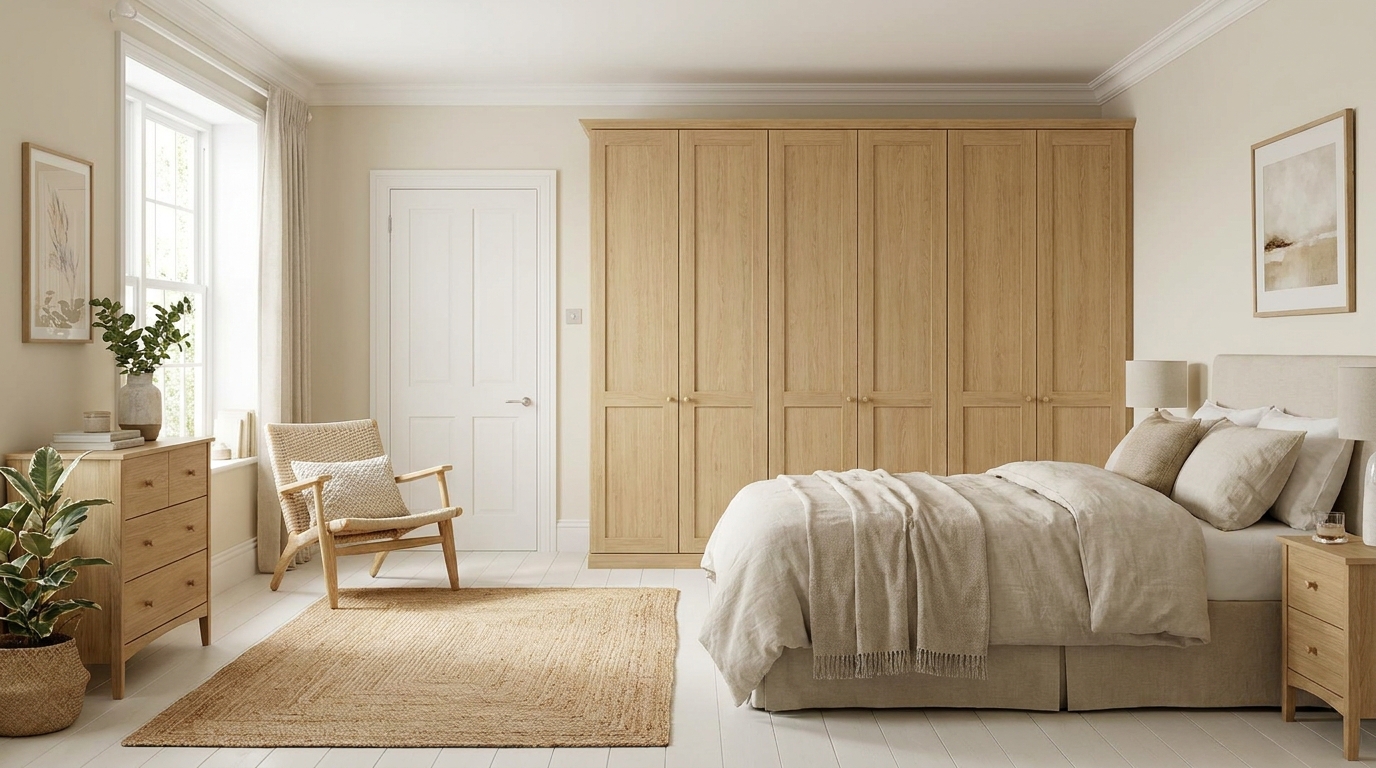 Bedroom with a large wardrobe placed against the wall furthest from the window, keeping the walkway clear.