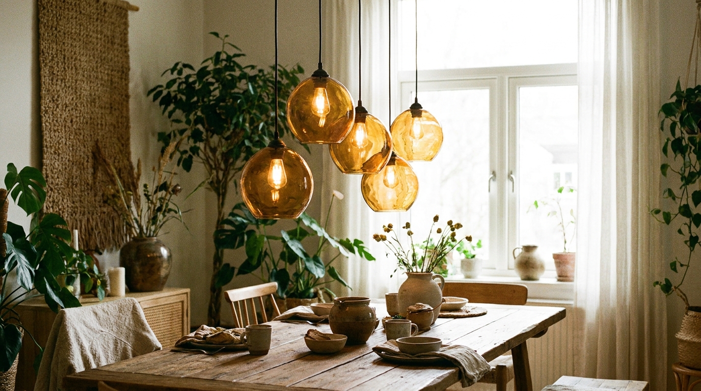 Cluster of amber-glass pendant lights hung at staggered heights above a wooden dining table.