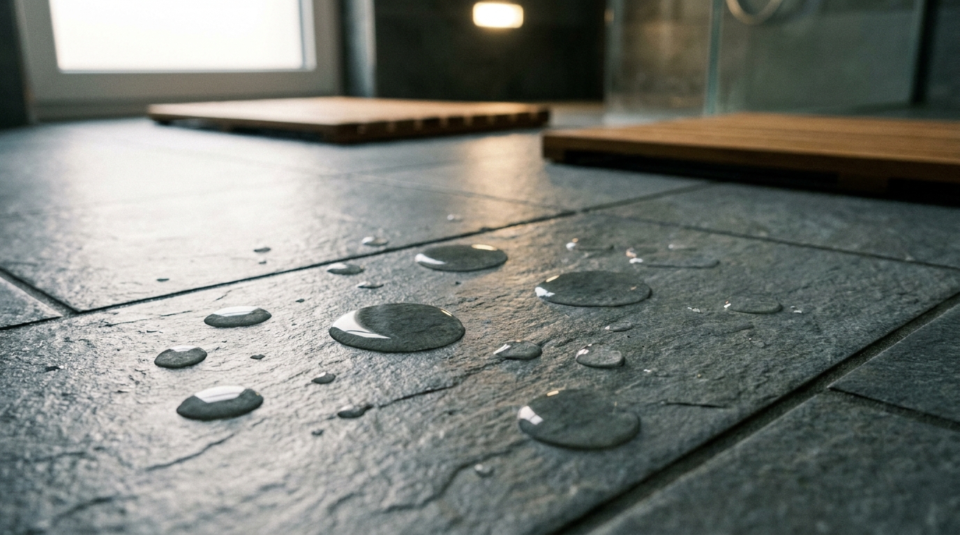 A detailed close-up shot of water droplets beading safely on a non-slip, matte-textured slate grey porcelain bathroom tile.