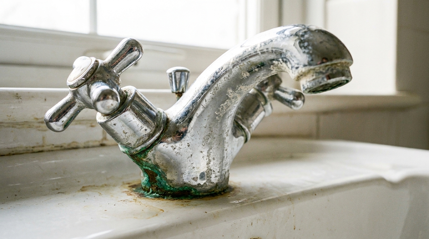 Older chrome bathroom tap with visible corrosion and limescale staining at the base.