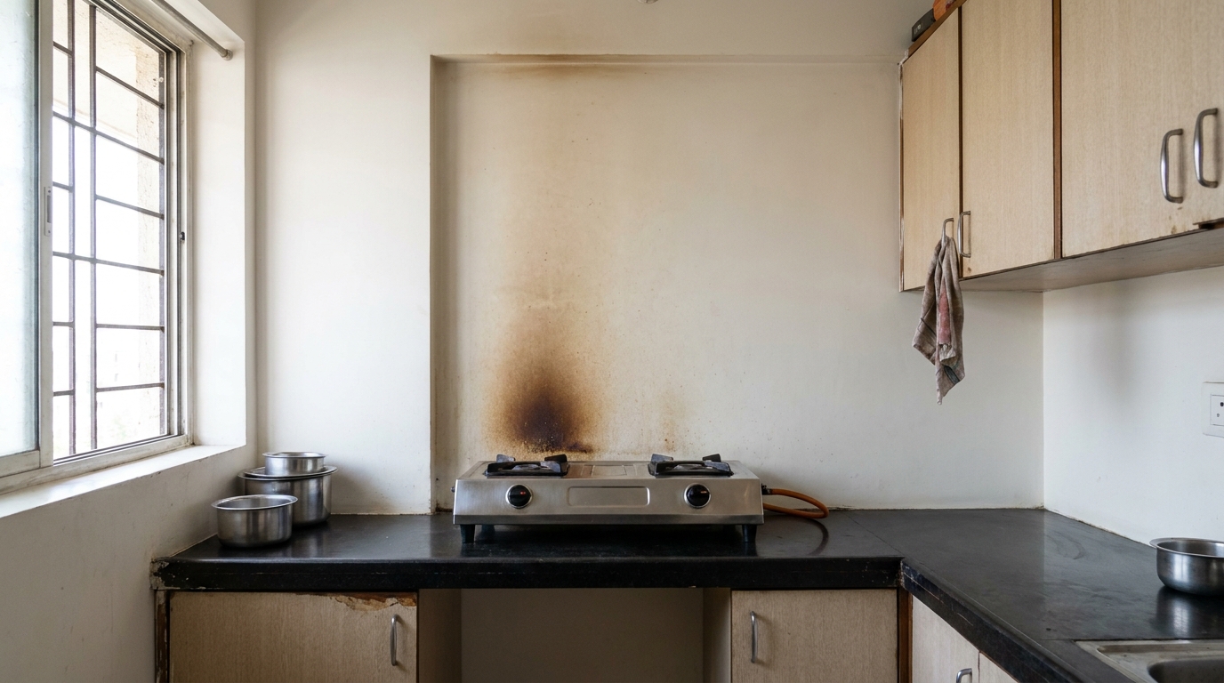 Bare painted kitchen wall behind the stove with visible grease staining in a builder-standard Indian apartment before renovation.