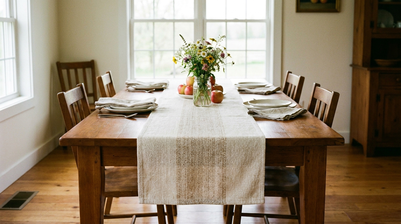Dining table styled with a table runner instead of a full-length hanging tablecloth.