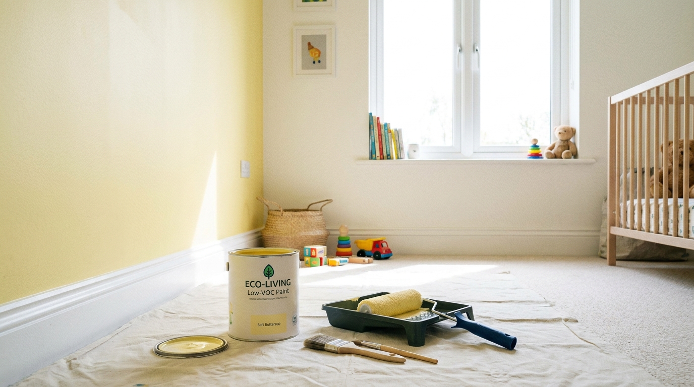 Low-VOC paint can beside a freshly painted pastel wall in a child's bedroom.
