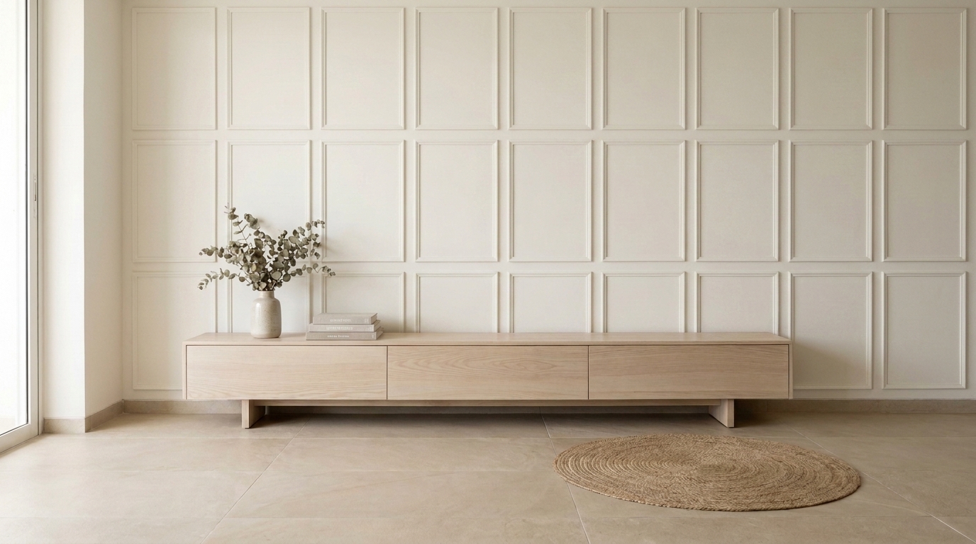 Living room wall with rectangular panel moulding added in an Indian apartment.