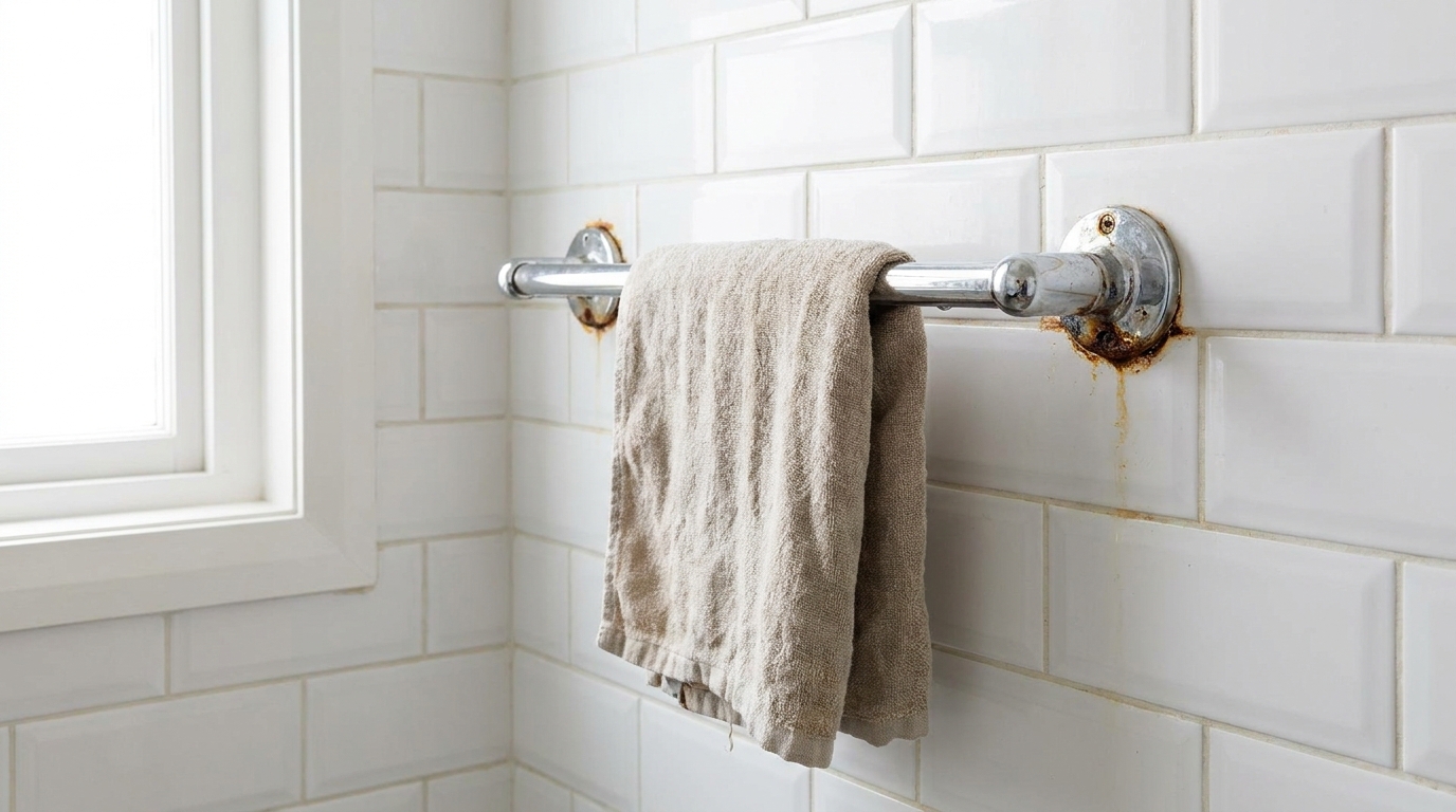 Wall-mounted chrome towel rail with visible rust spots at the mounting joints.