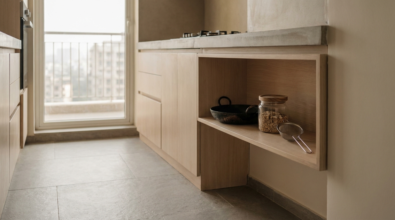 Open shelf with daily-use kitchen items in a modern Indian kitchen.