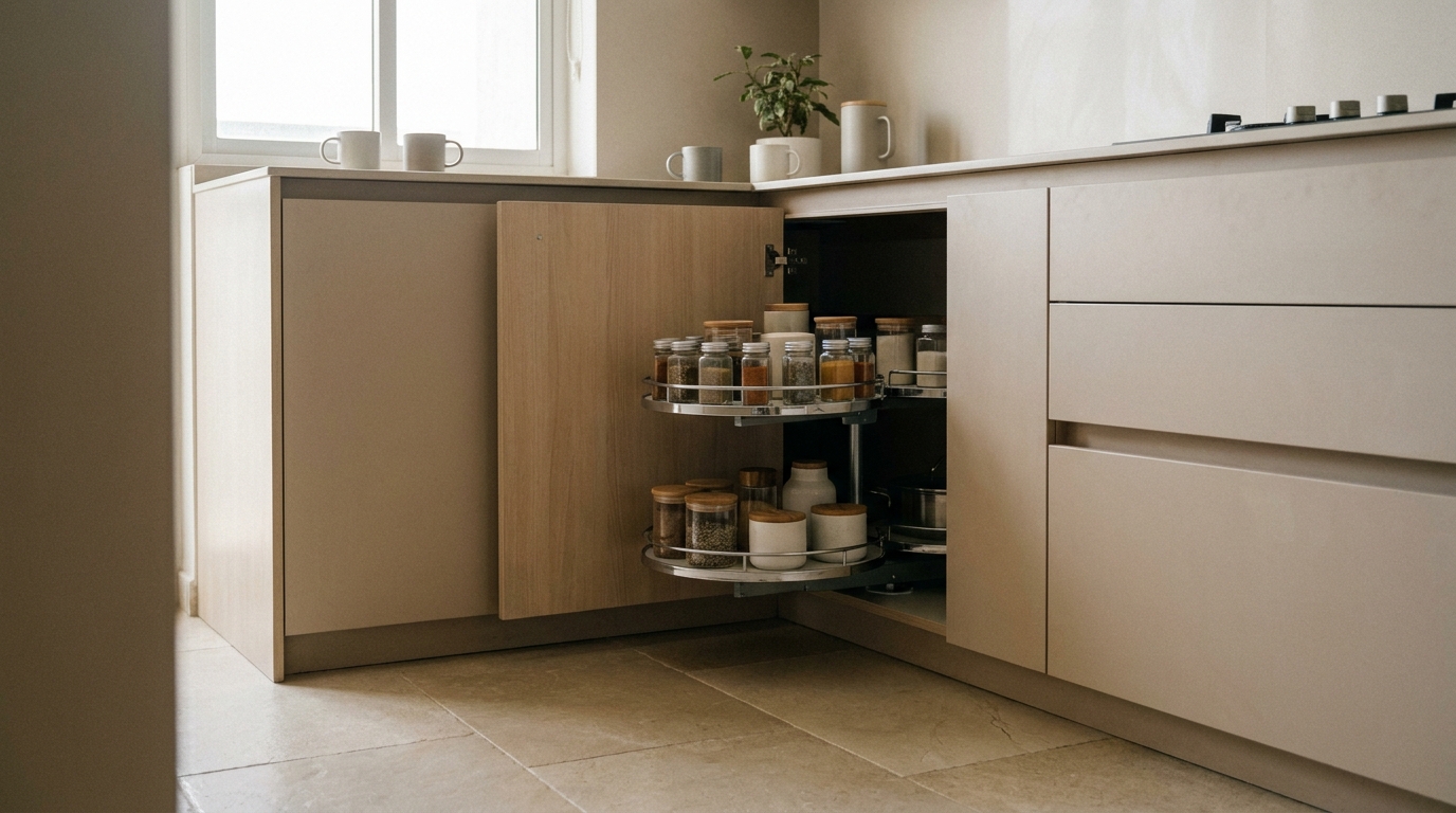 Rotating carousel storage in a kitchen corner cabinet.