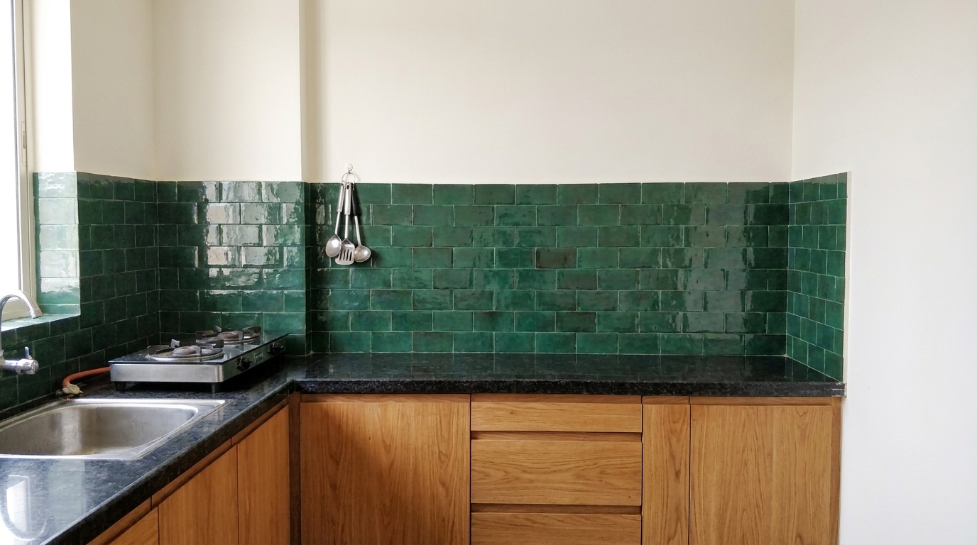 Deep bottle-green zellige-style tile backsplash with a hand-glazed irregular surface in a renovated Indian apartment kitchen.