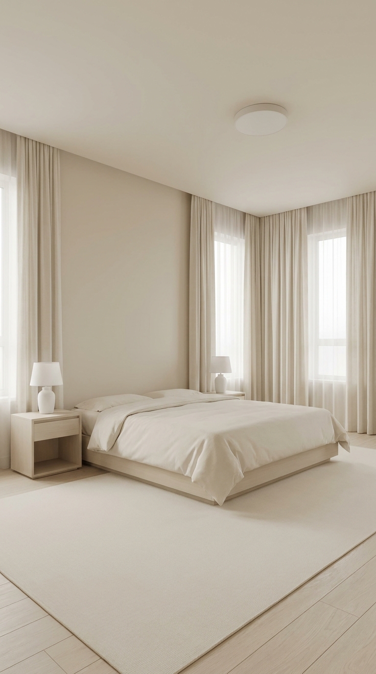 Cream bedding, plain beige headboard wall, white lamps.