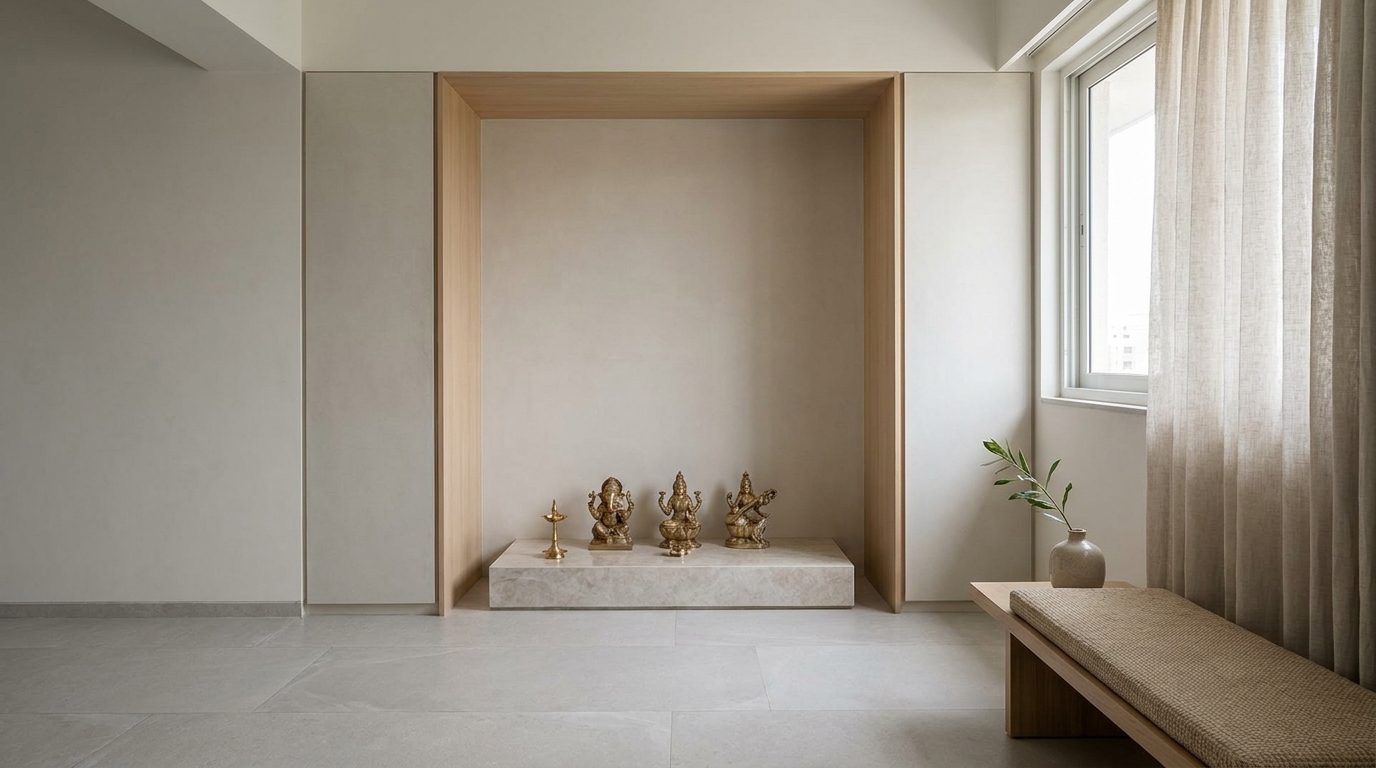 Pooja room alcove positioned near natural window light in an Indian apartment.