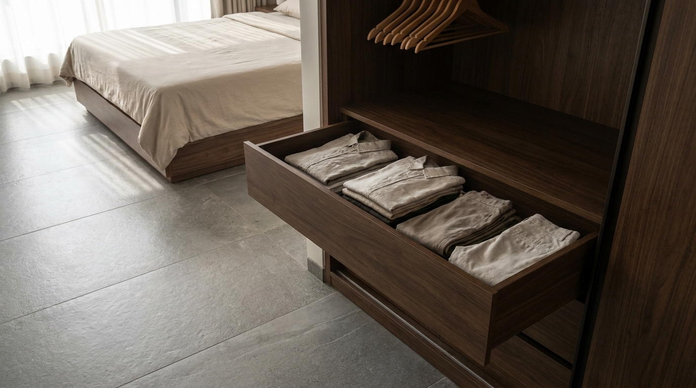 Shallow wardrobe drawer with folded clothes visible in a single layer, angled editorial shot.
