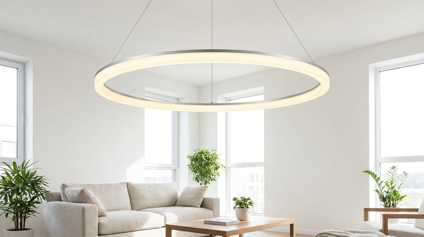 Circular LED ring light fixture suspended below the ceiling, glowing as an even circle of light.