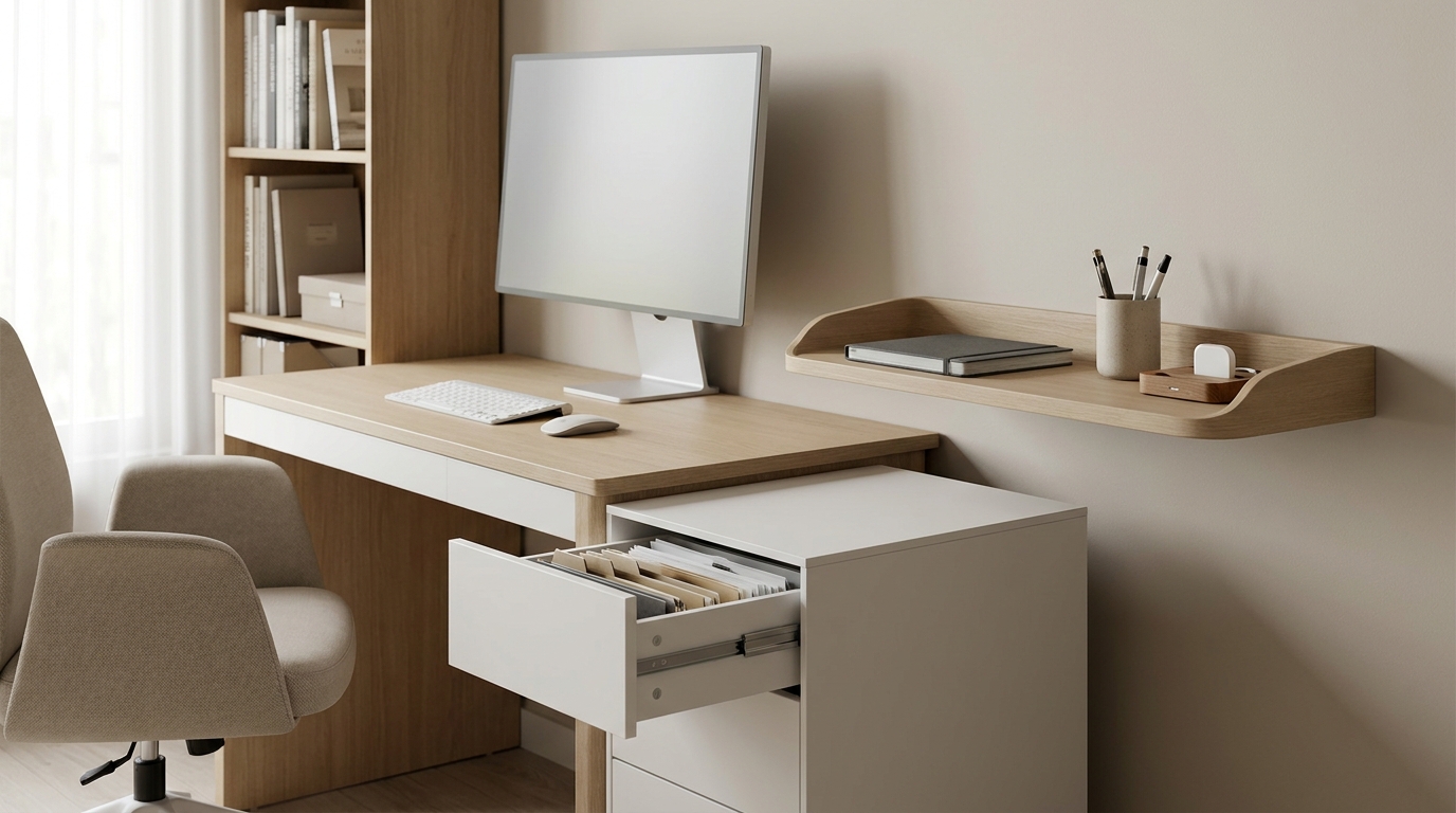Modern Indian home office desk with radius-based storage a floating shelf at arm's reach beside the monitor, a slim under-desk drawer unit, and a far bookshelf for weekly-use items