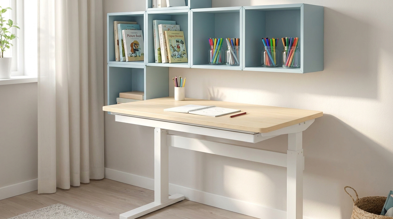 A child-sized adjustable birch wood study desk with minimalist white legs, paired with modular pastel blue overhead wall shelves filled with children's books and colorful stationery jars.
