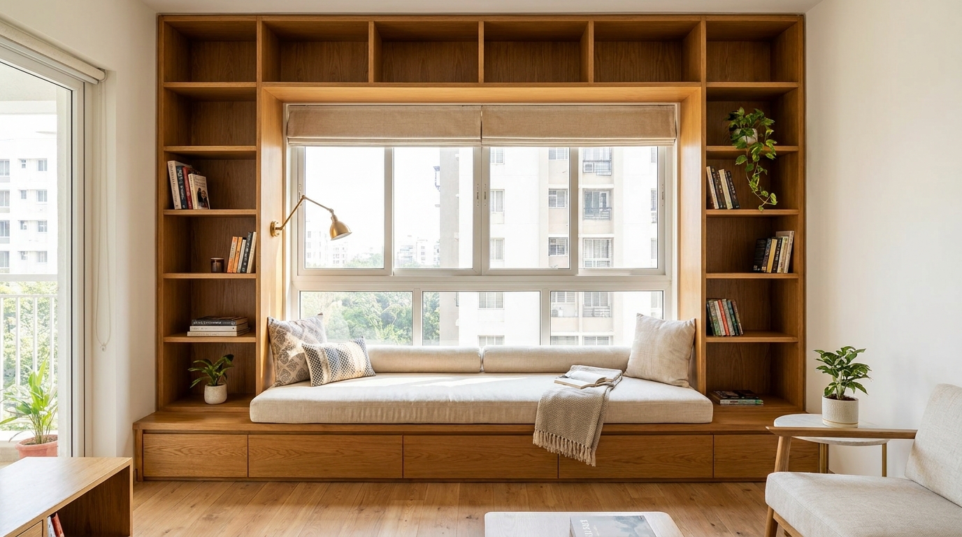 Floor-to-ceiling built-in bookshelf with a cushioned window seat in an Indian apartment living room.
