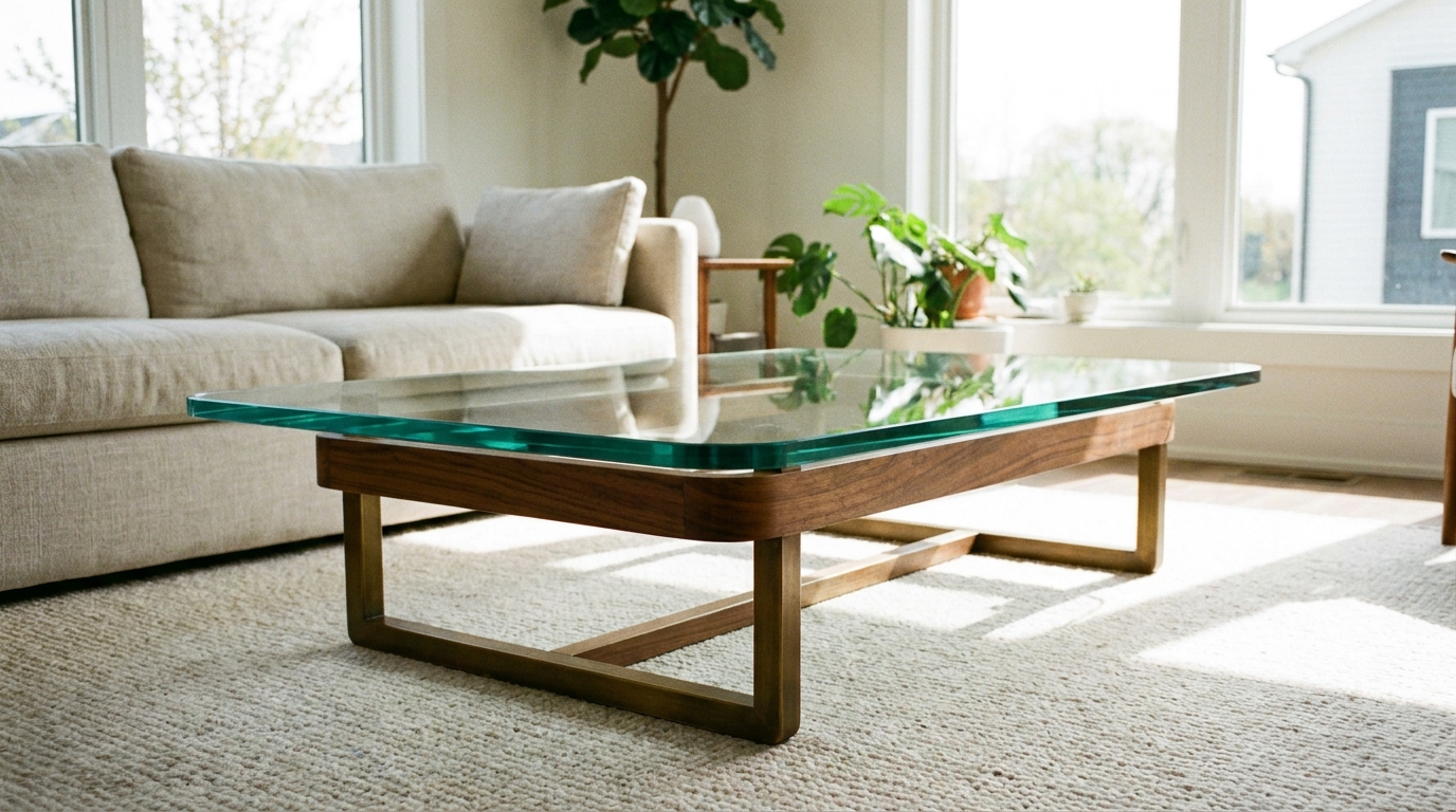 ow glass-top coffee table with thick tempered glass and rounded edges.