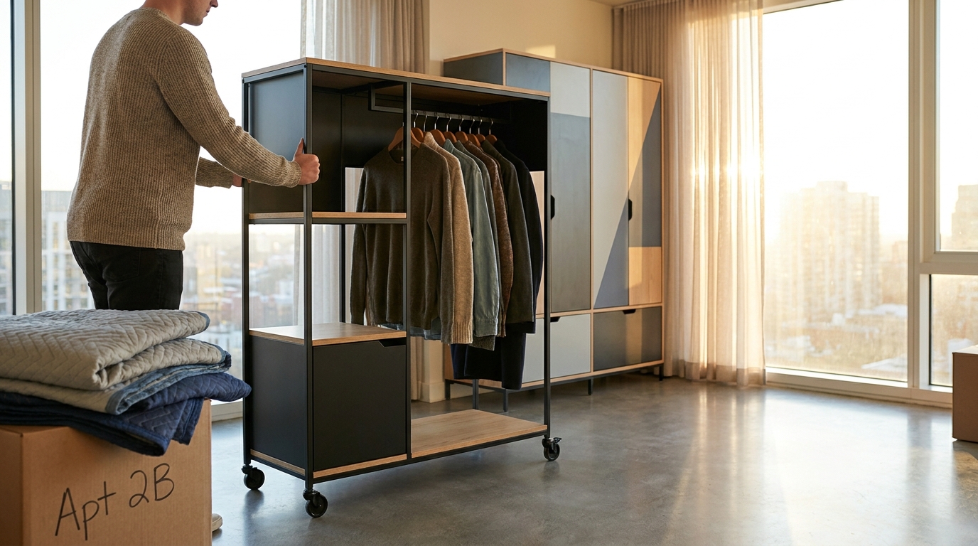 A premium, freestanding modular wardrobe system being adjusted by a tenant next to packed moving boxes, demonstrating the longevity and portability of investment furniture across multiple rental moves.