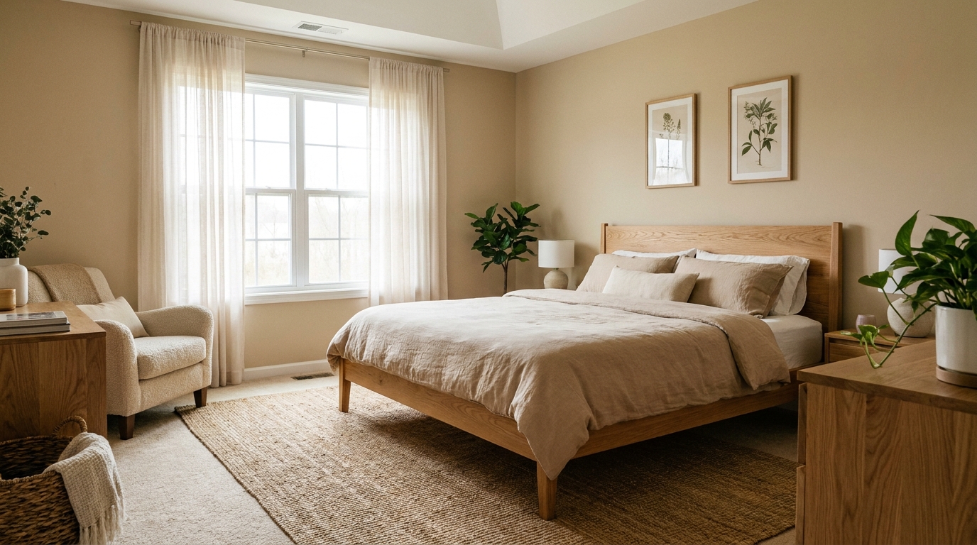 Calm master bedroom with a solid wood bed frame and soft natural light through a window.