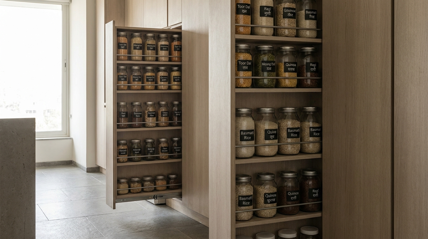 Tall pull-out pantry unit with grain containers in a modern Indian kitchen.