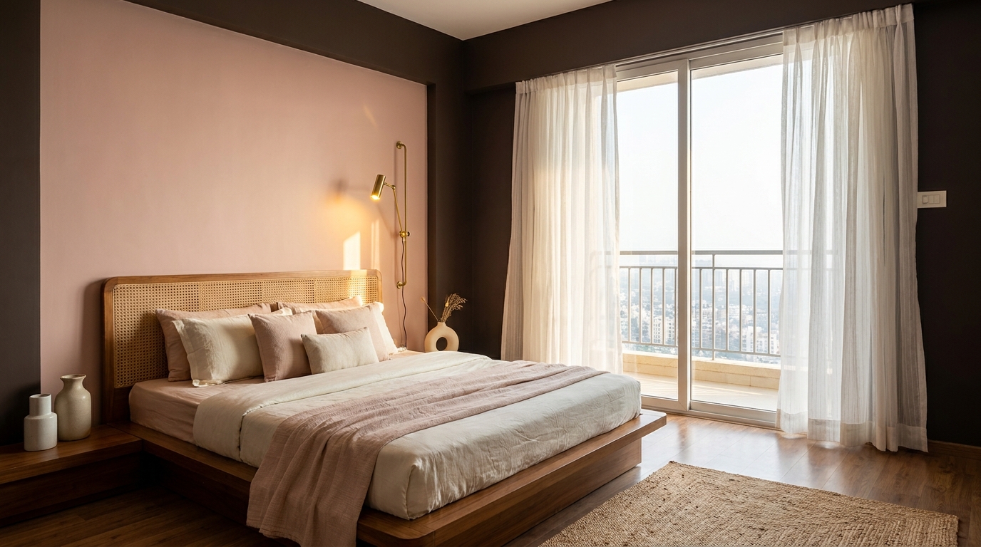 Indian bedroom with blush pink accent wall and espresso brown walls near a balcony door.