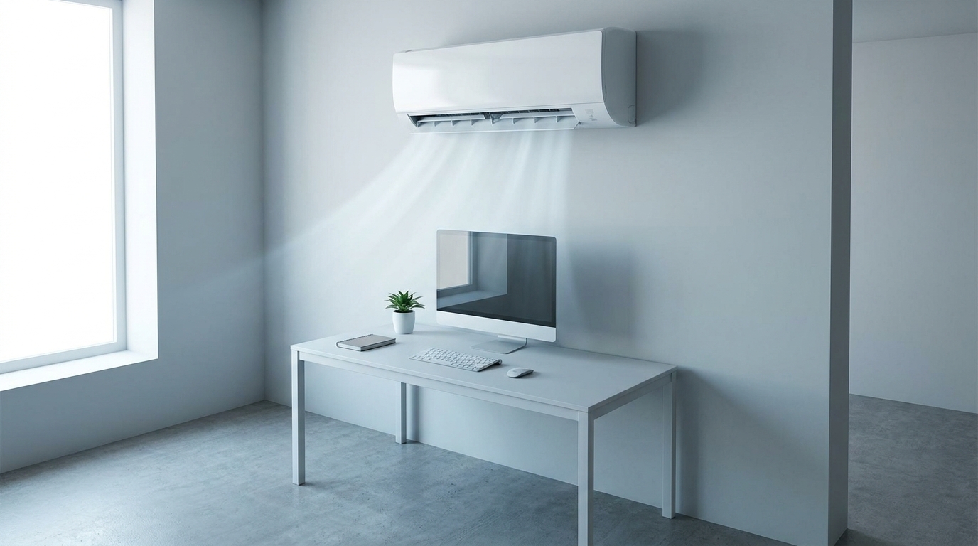 Modern Indian home office desk positioned directly beneath a wall-mounted split AC unit, showing intentional placement within the cooling radius for thermal comfort while working