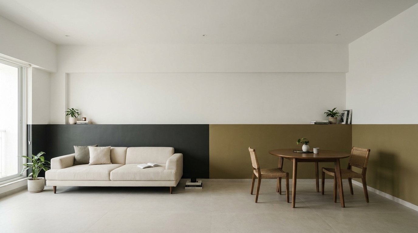 Open-plan Indian apartment with a charcoal dado in the living zone and an olive dado in the dining zone, upper walls and ceiling remaining chalk white throughout