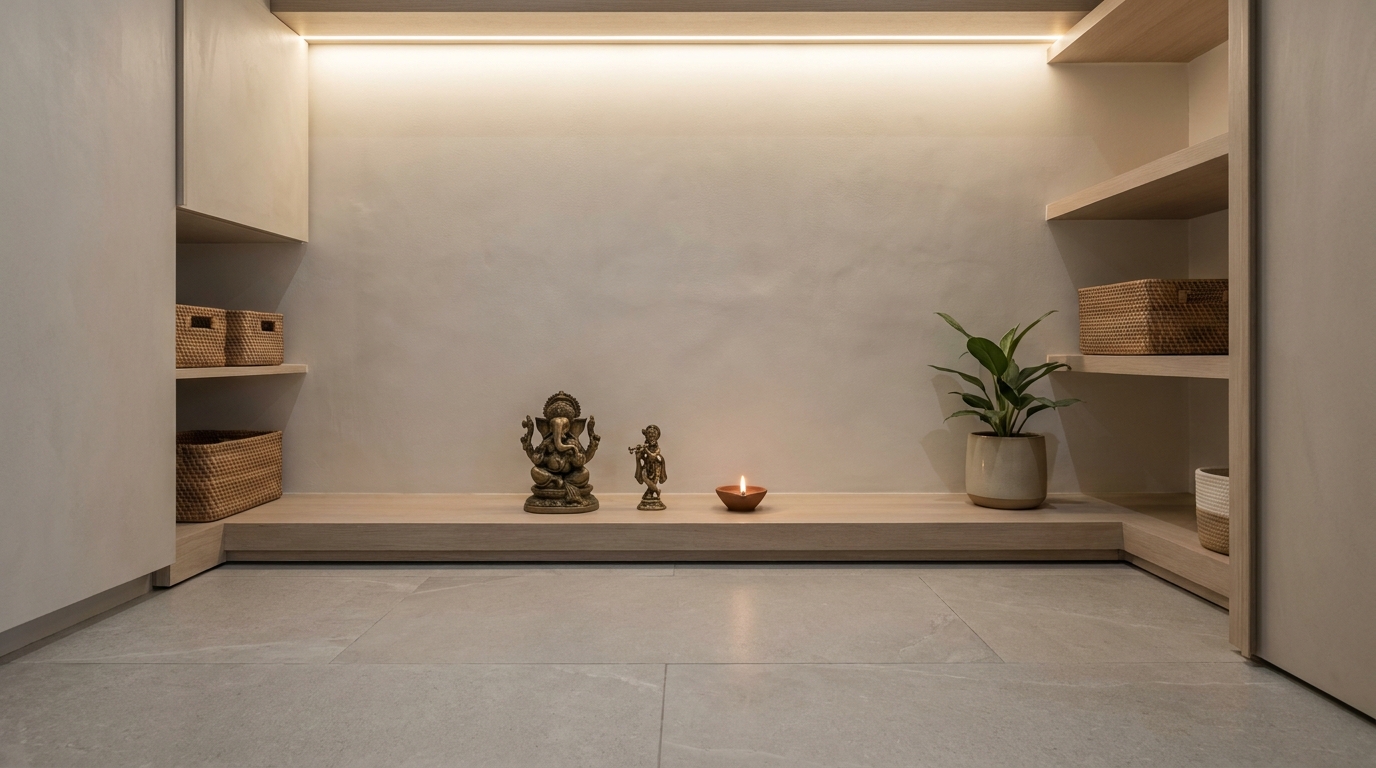 Curated pooja platform arrangement with clear negative space between items.