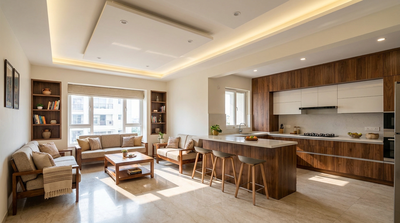 Well-designed Indian apartment living room and kitchen with a full modular kitchen and coordinated lighting and materials throughout.