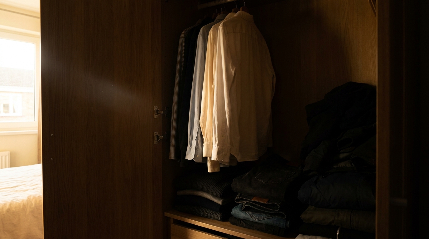Dimly lit wardrobe interior with back corners and lower shelves in shadow.